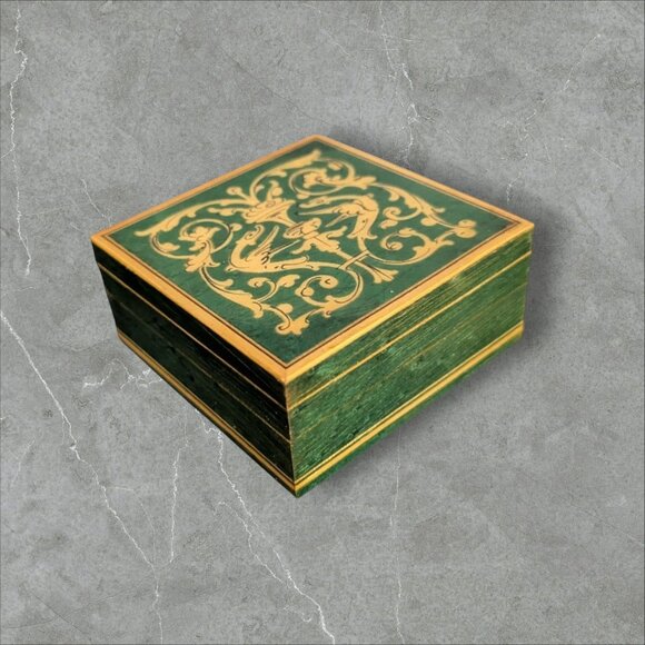 Italian Handcrafted Wooden Trinket Box Green & Gold Floral Design Vintage Decor - Picture 1 of 9